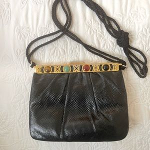 Vintage Judith Leiber black snake skin bag with multicolor gem stones